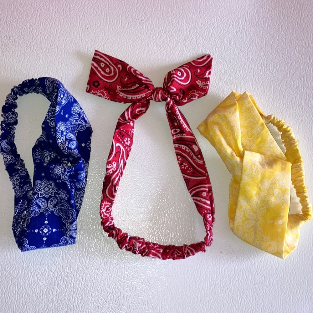Hair Bands Bandana Print: Red, Yellow and Blue Fabric with elastic